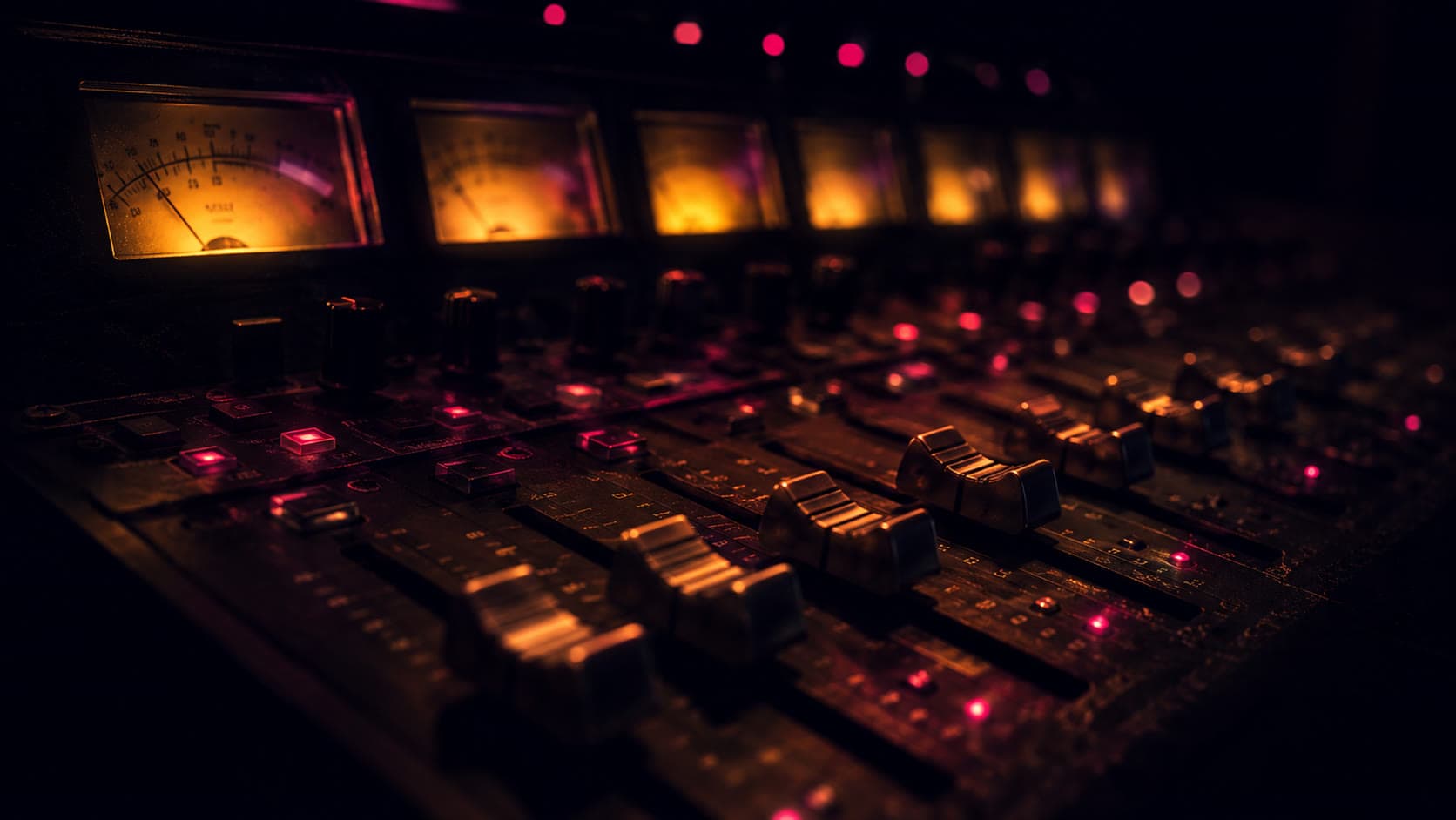 A mixing console in low light, VU meters glowing